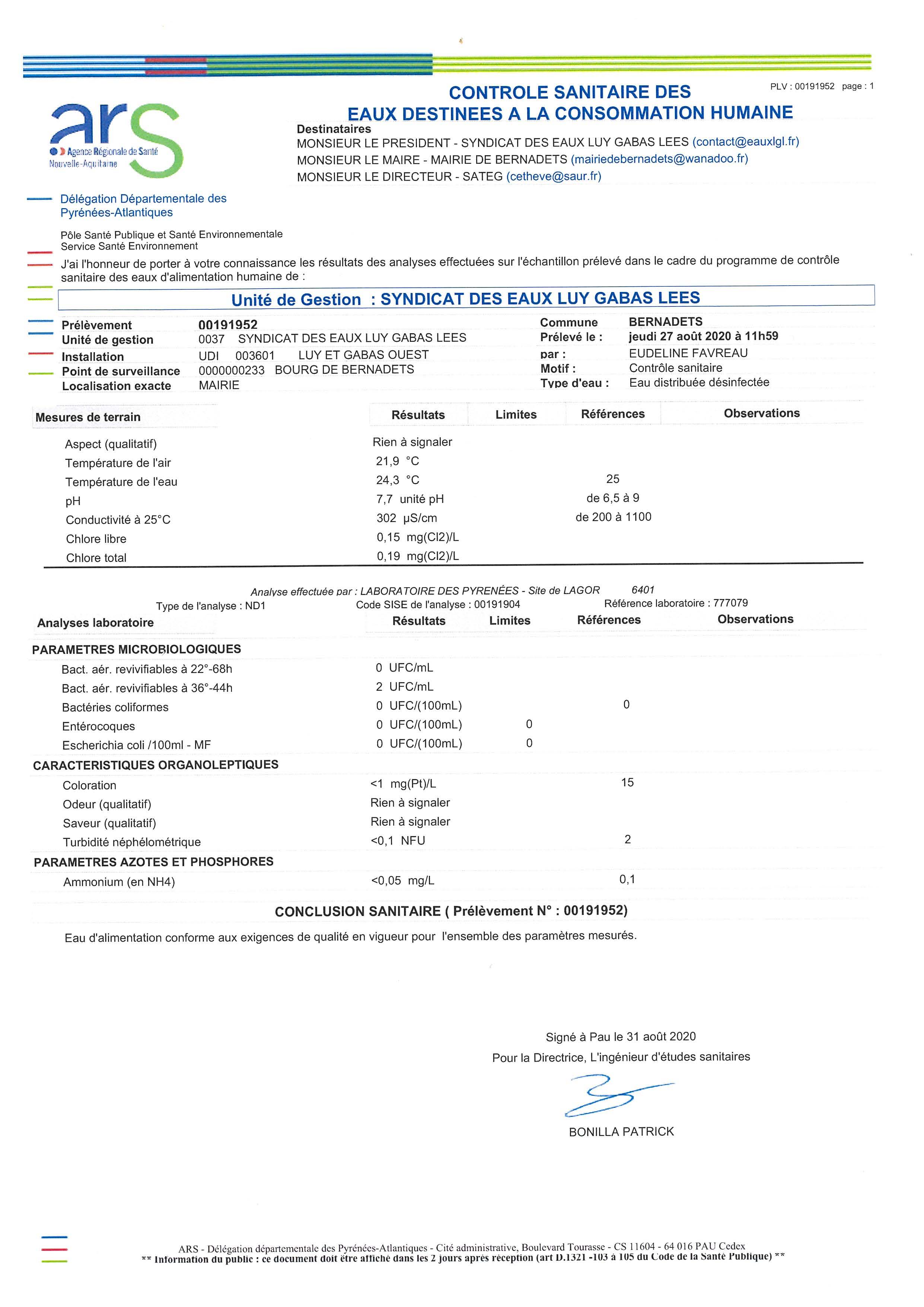 rapport qualité de l'eau